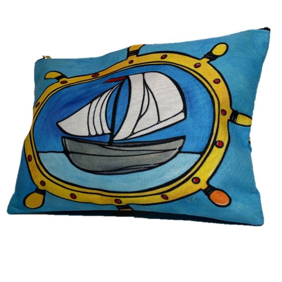 Sailboat / Shipwheel Pouch - Cosmetic Bag - Clutch - Lorelei Nautical Treasures