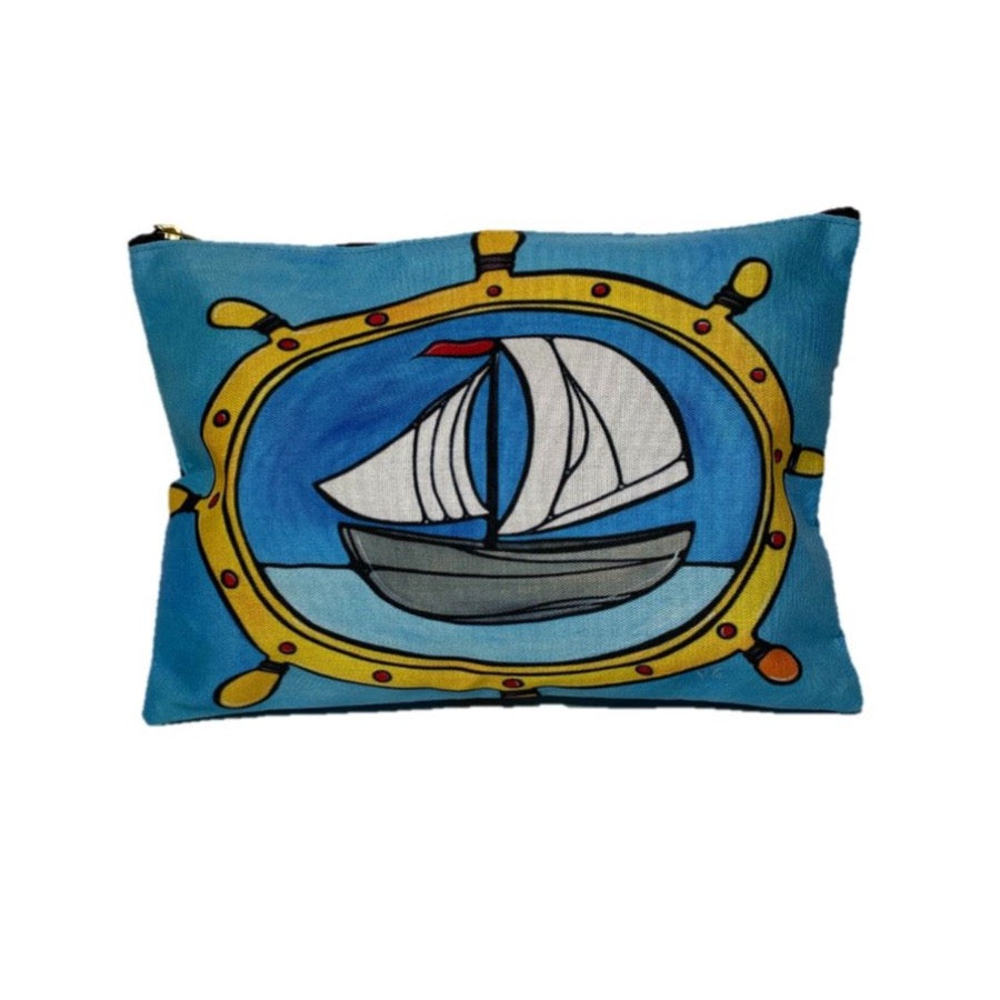 Sailboat / Shipwheel Pouch - Cosmetic Bag - Clutch - Lorelei Nautical Treasures