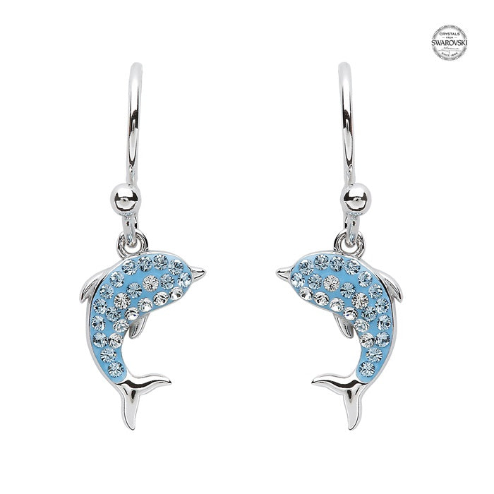 Drop Dolphin Earrings with Aqua Crystals