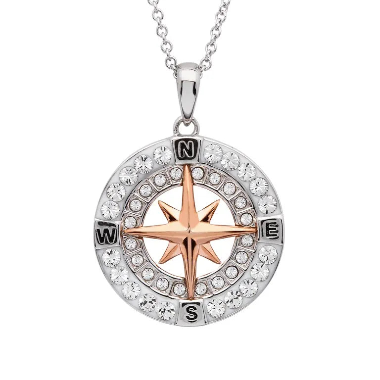 Rose Gold Compass Necklace with Crystals