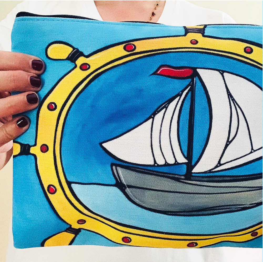 
            
                Load image into Gallery viewer, Sailboat / Shipwheel Pouch - Cosmetic Bag - Clutch - Lorelei Nautical Treasures
            
        