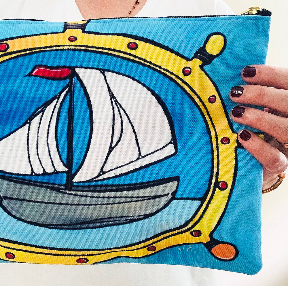 
            
                Load image into Gallery viewer, Sailboat / Shipwheel Pouch - Cosmetic Bag - Clutch - Lorelei Nautical Treasures
            
        